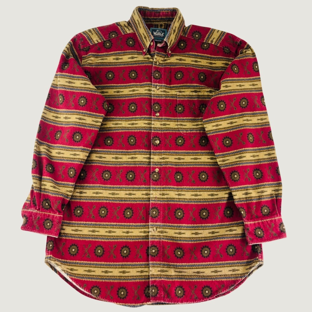 Vintage Woolrich Shirt Mens Large Red Geometric Cotton Flannel Button Western